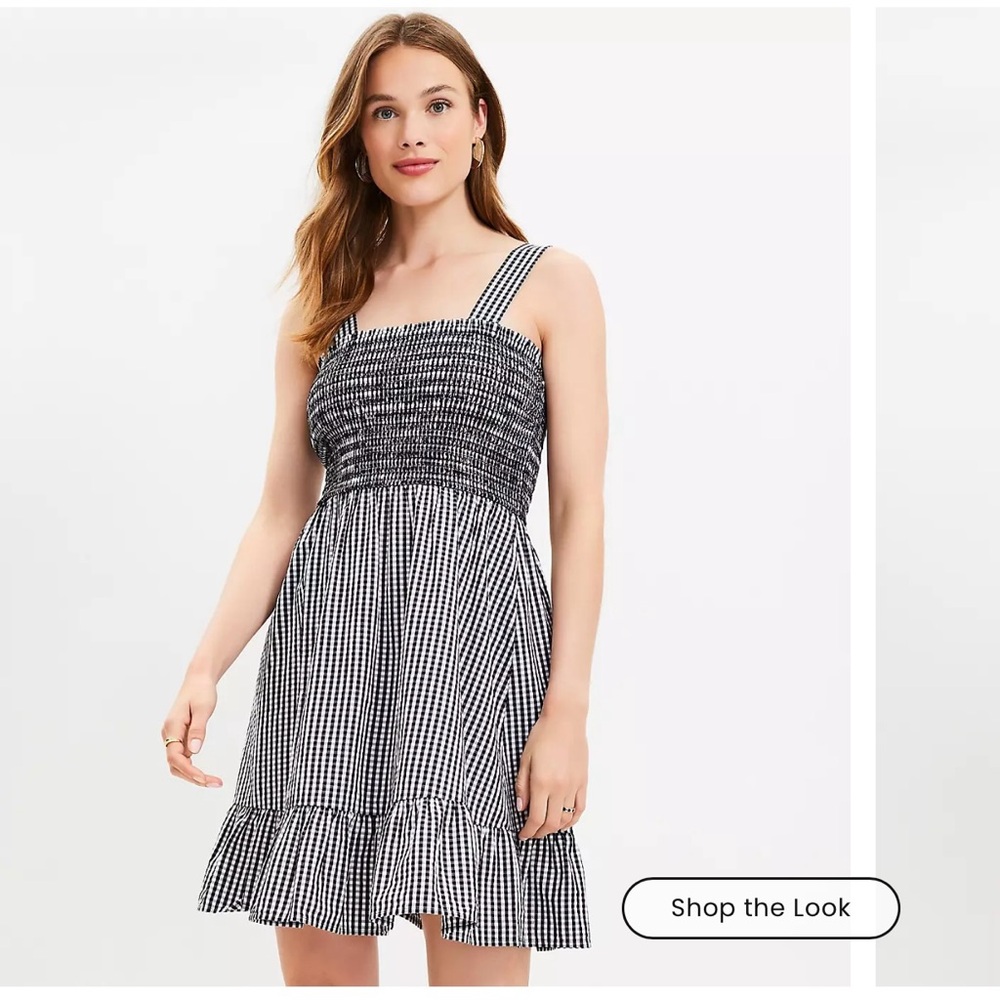 NWT! LOFT Gingham Smocked Strappy Flounce Dress